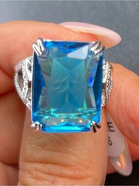 Sterling Silver Statement Ring with Large Blue Emerald-Cut blue topaz Gemstone